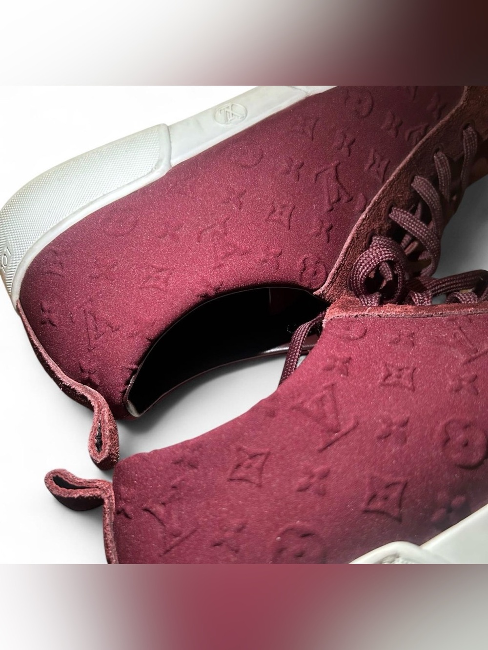 Louis Vuitton Womens Monogram Suede Sneakers Burgundy Low Top Shoes Size 38